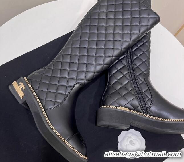 Best Product Chanel Quilted Calfskin Leather High Boots with Chain and Logo Black 722008