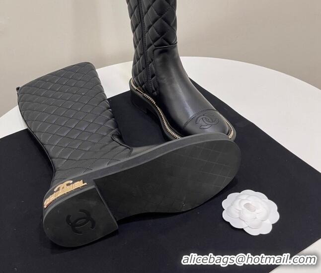 Best Product Chanel Quilted Calfskin Leather High Boots with Chain and Logo Black 722008