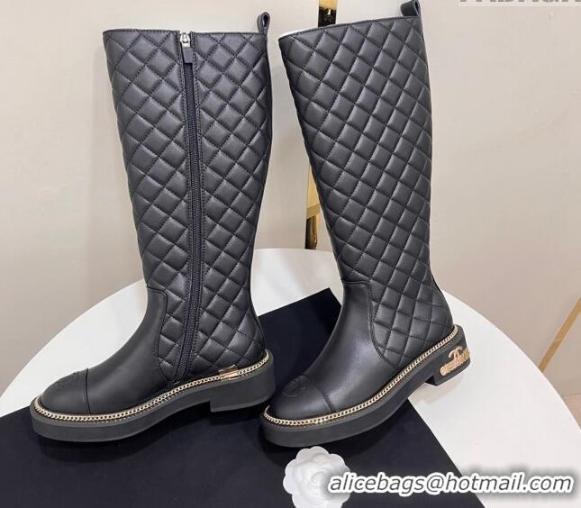 Best Product Chanel Quilted Calfskin Leather High Boots with Chain and Logo Black 722008