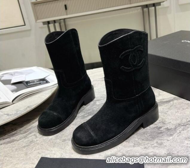 Unique Style Chanel Calfskin Heel Ankle Boots 3cm with Side CC Black 722009