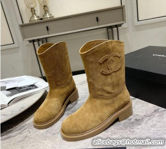 Cheapest Chanel Suede Heel Ankle Boots 3cm with Side CC Yellow 722010