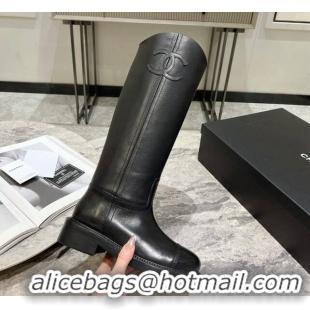 Pretty Style Chanel Calfskin Heel Mid Boots 3cm with Side CC Black 722012