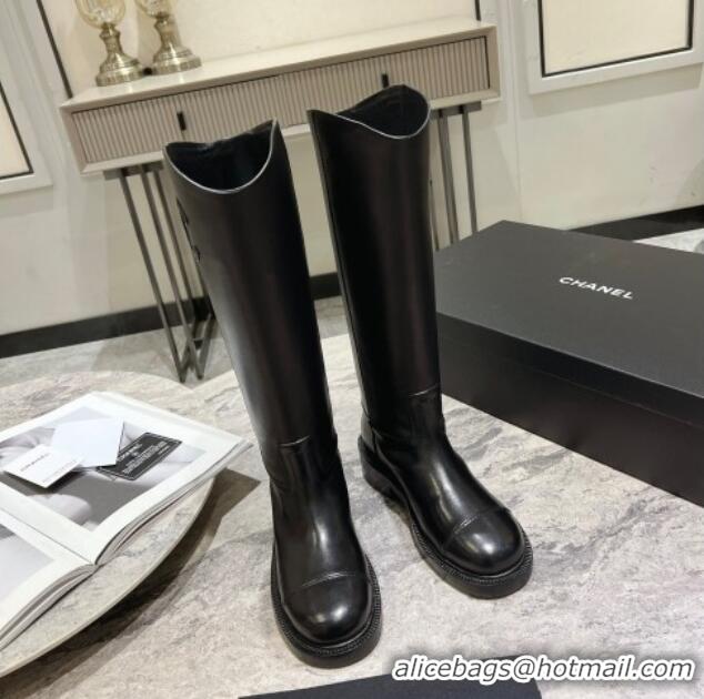 Pretty Style Chanel Calfskin Heel Mid Boots 3cm with Side CC Black 722012