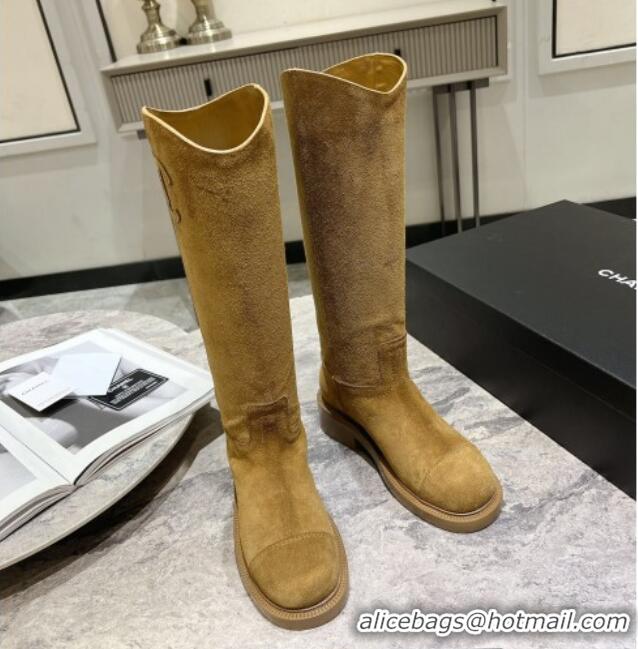 Purchase Chanel Suede Heel Mid Boots 3cm with Side CC Yellow 722013