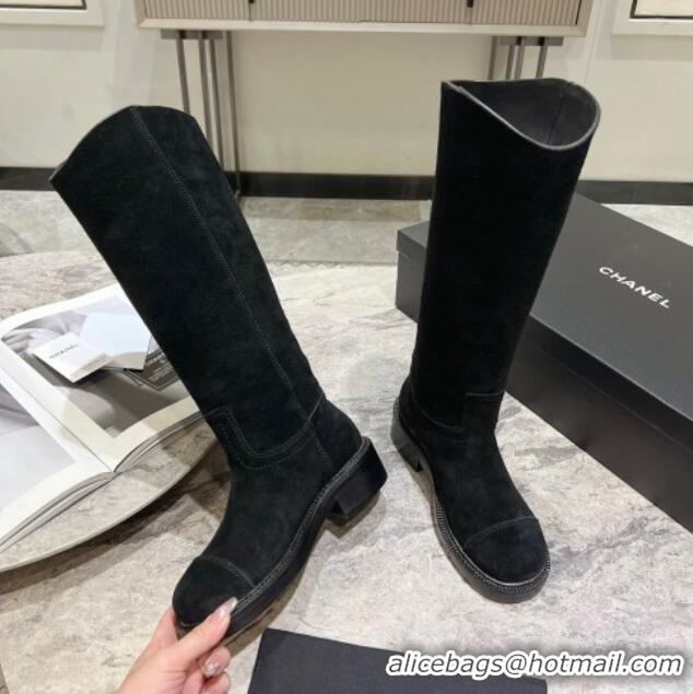 Shop Cheap Chanel Suede Heel Mid Boots 3cm with Side CC Black 722014