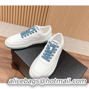 Luxury Discount Chanel White Calfskin Sneakers with Side CC Blue 722017