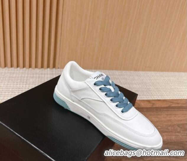 Luxury Discount Chanel White Calfskin Sneakers with Side CC Blue 722017