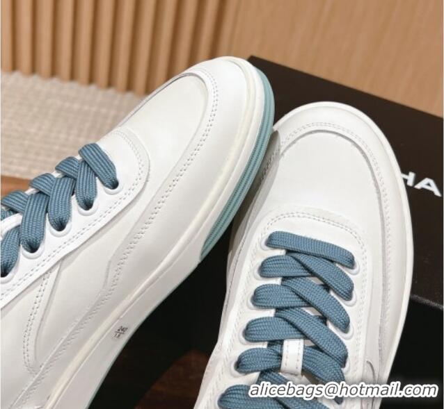 Luxury Discount Chanel White Calfskin Sneakers with Side CC Blue 722017