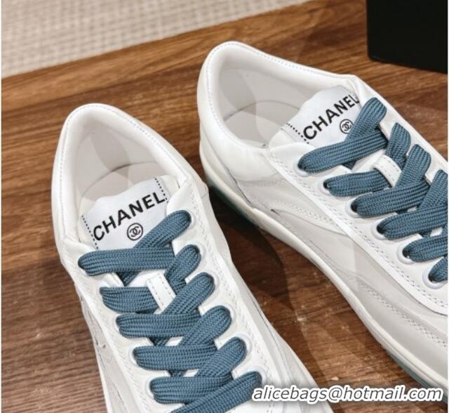 Luxury Discount Chanel White Calfskin Sneakers with Side CC Blue 722017