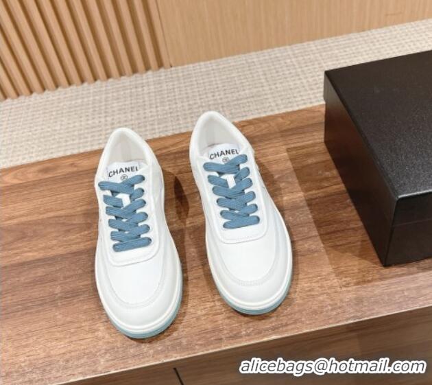 Luxury Discount Chanel White Calfskin Sneakers with Side CC Blue 722017