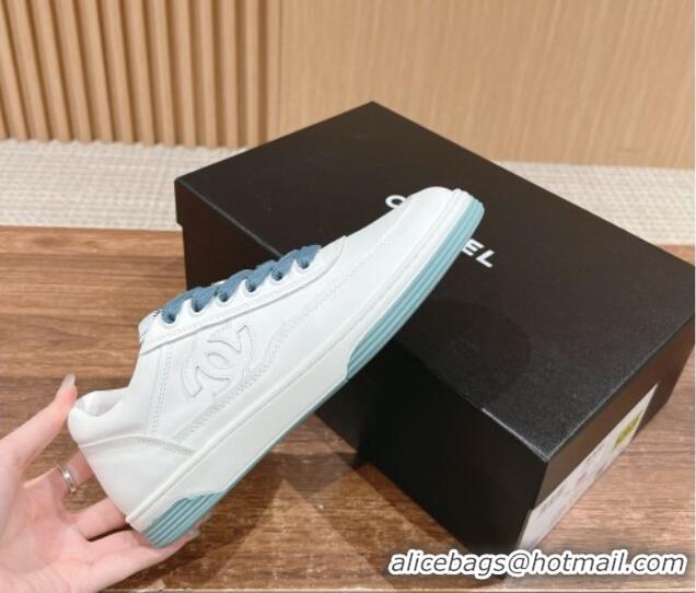 Luxury Discount Chanel White Calfskin Sneakers with Side CC Blue 722017