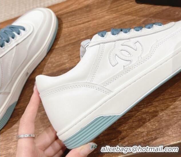 Luxury Discount Chanel White Calfskin Sneakers with Side CC Blue 722017