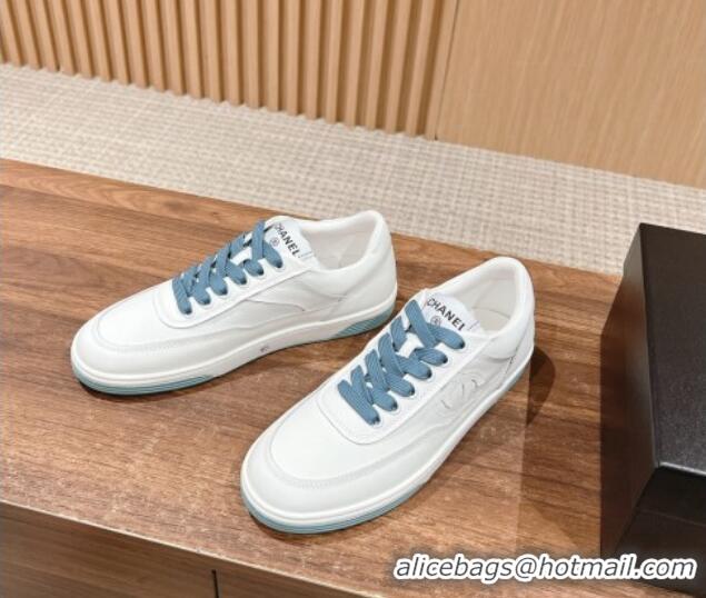 Luxury Discount Chanel White Calfskin Sneakers with Side CC Blue 722017