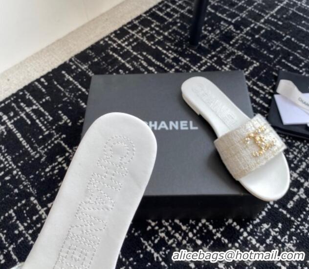 Sophisticated Chanel Tweed Flat Slides Sandal with Chain Pearl CC White 722019