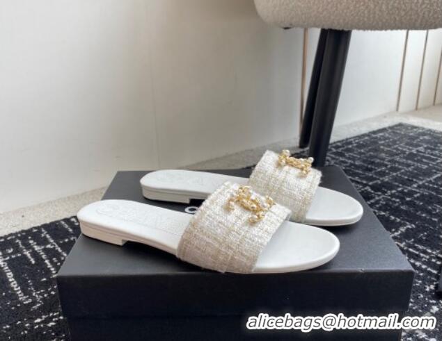 Sophisticated Chanel Tweed Flat Slides Sandal with Chain Pearl CC White 722019