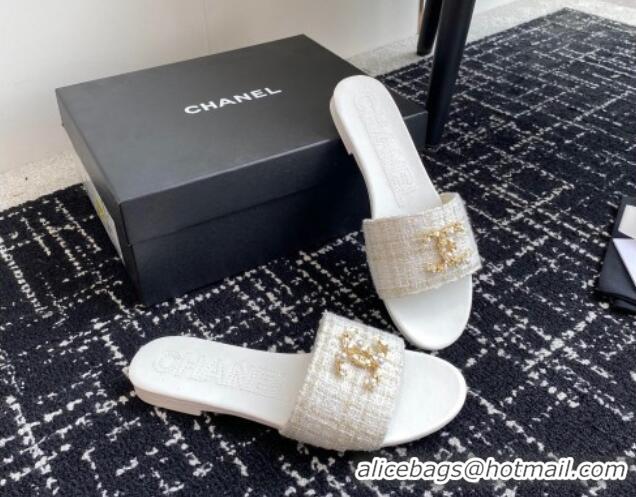 Sophisticated Chanel Tweed Flat Slides Sandal with Chain Pearl CC White 722019