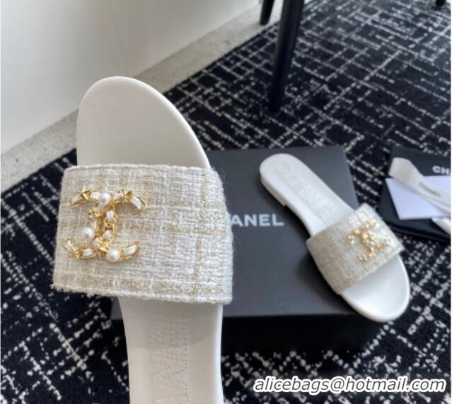 Sophisticated Chanel Tweed Flat Slides Sandal with Chain Pearl CC White 722019