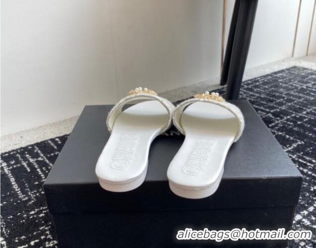 Sophisticated Chanel Tweed Flat Slides Sandal with Chain Pearl CC White 722019