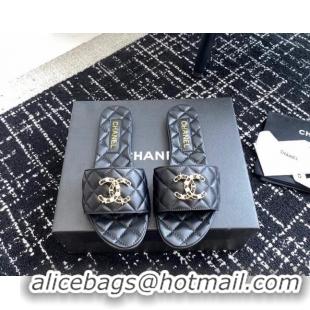 Most Popular Chanel Lambskin Flat Slides Sandal with Chain Pearl CC Black 722020