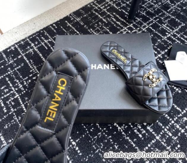 Most Popular Chanel Lambskin Flat Slides Sandal with Chain Pearl CC Black 722020