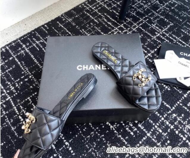 Most Popular Chanel Lambskin Flat Slides Sandal with Chain Pearl CC Black 722020