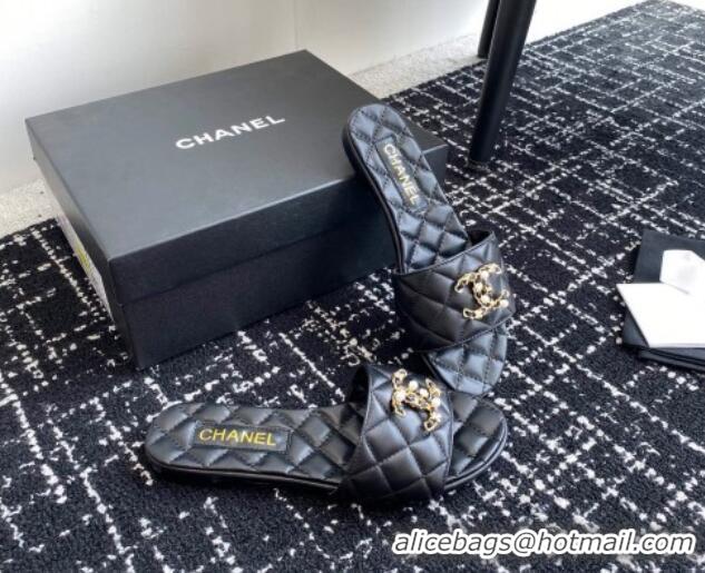 Most Popular Chanel Lambskin Flat Slides Sandal with Chain Pearl CC Black 722020