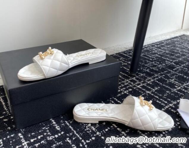 Good Quality Chanel Lambskin Flat Slides Sandal with Chain Pearl CC White 722021