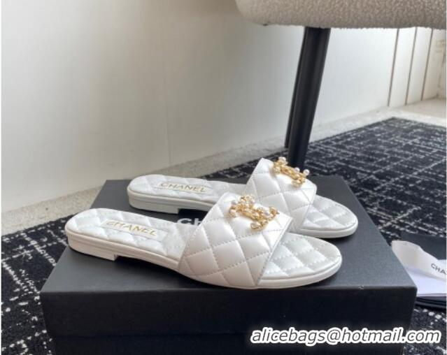 Good Quality Chanel Lambskin Flat Slides Sandal with Chain Pearl CC White 722021