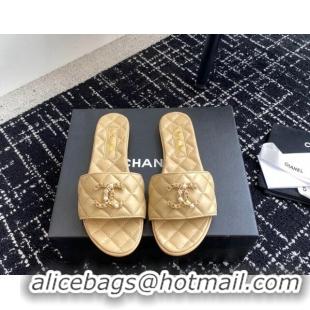 Unique Style Chanel Lambskin Flat Slides Sandal with Chain Pearl CC Beige 722022