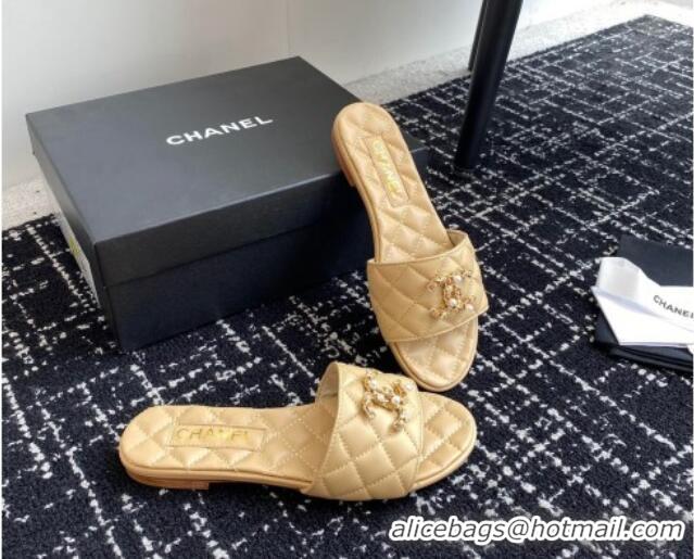 Unique Style Chanel Lambskin Flat Slides Sandal with Chain Pearl CC Beige 722022