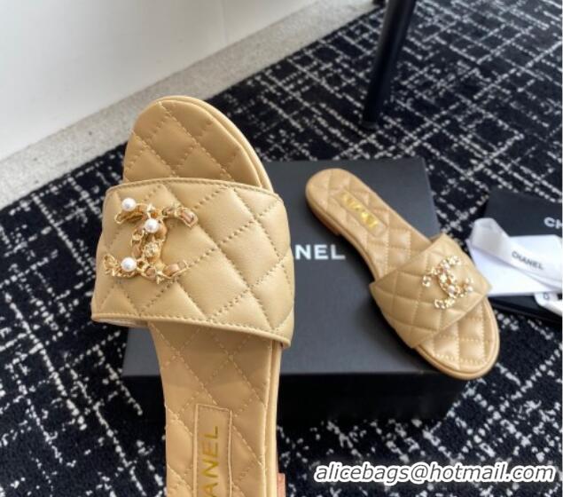 Unique Style Chanel Lambskin Flat Slides Sandal with Chain Pearl CC Beige 722022