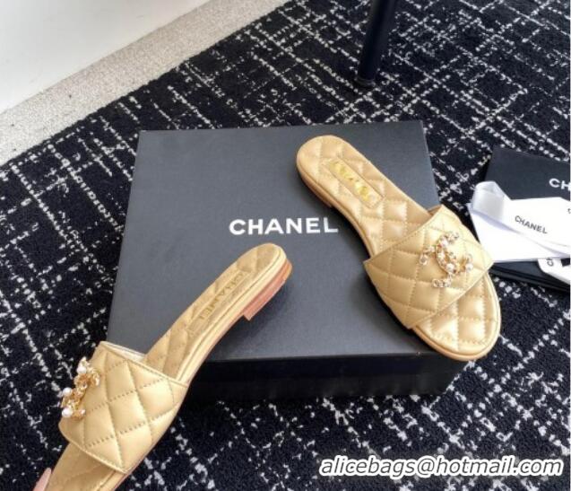 Unique Style Chanel Lambskin Flat Slides Sandal with Chain Pearl CC Beige 722022