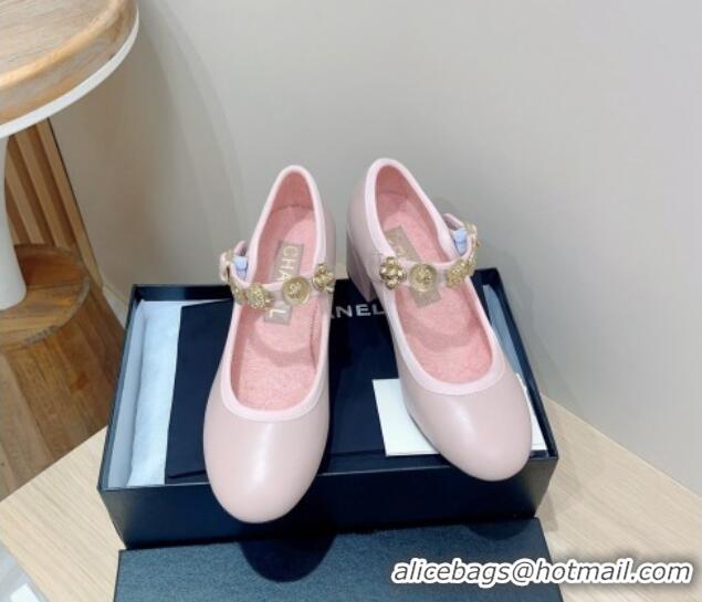 Luxurious Chanel Lambskin Mary Janes Pumps 5cm with Charm Light Pink 722023