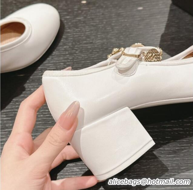 Pretty Style Chanel Lambskin Mary Janes Pumps 5cm with Charm White 722025