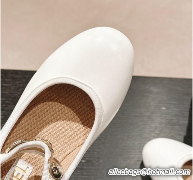 Pretty Style Chanel Lambskin Mary Janes Pumps 5cm with Charm White 722025