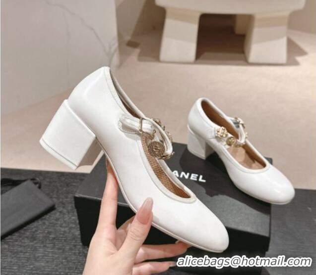 Pretty Style Chanel Lambskin Mary Janes Pumps 5cm with Charm White 722025