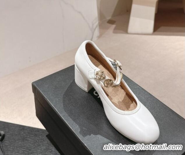 Pretty Style Chanel Lambskin Mary Janes Pumps 5cm with Charm White 722025