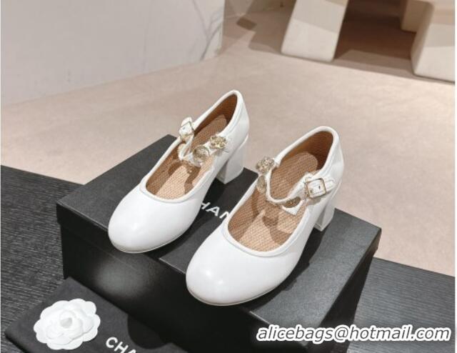 Pretty Style Chanel Lambskin Mary Janes Pumps 5cm with Charm White 722025