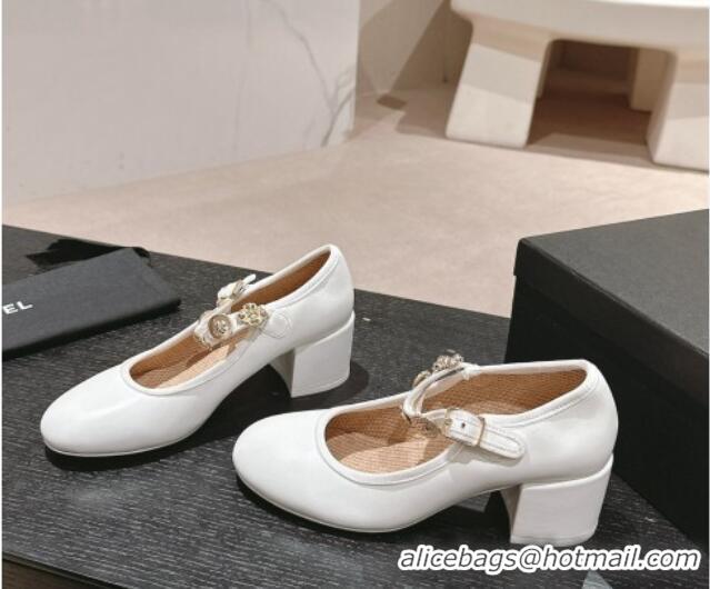 Pretty Style Chanel Lambskin Mary Janes Pumps 5cm with Charm White 722025