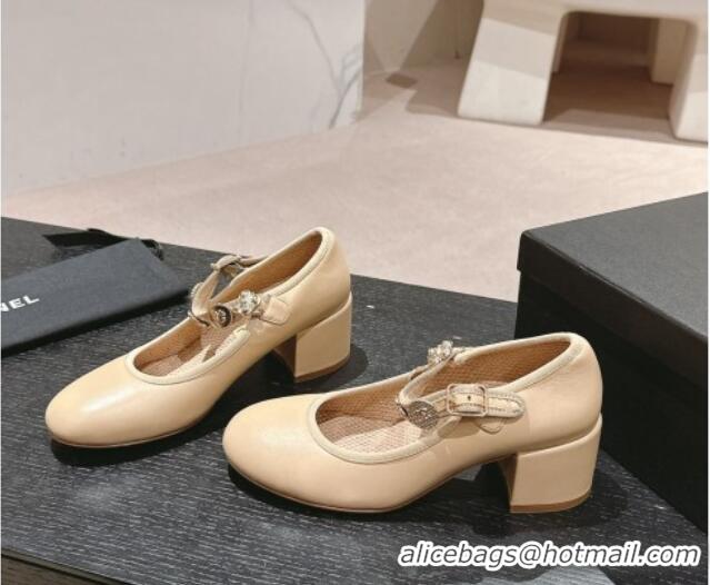 Top Grade Chanel Lambskin Mary Janes Pumps 5cm with Charm Beige 722026