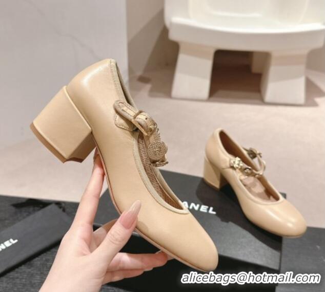 Top Grade Chanel Lambskin Mary Janes Pumps 5cm with Charm Beige 722026