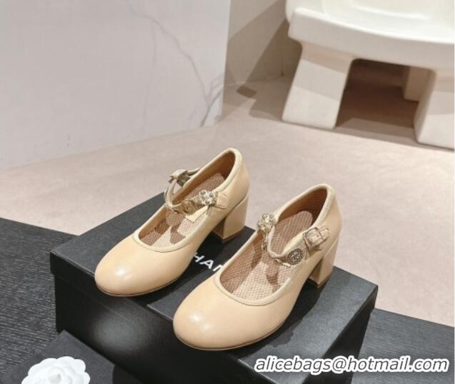 Top Grade Chanel Lambskin Mary Janes Pumps 5cm with Charm Beige 722026