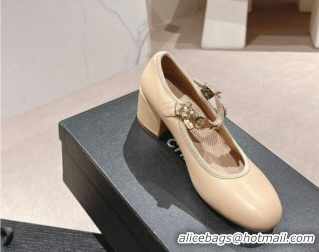 Top Grade Chanel Lambskin Mary Janes Pumps 5cm with Charm Beige 722026