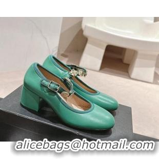 Charming Chanel Lambskin Mary Janes Pumps 5cm with Charm Green 722027