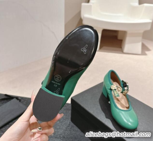 Charming Chanel Lambskin Mary Janes Pumps 5cm with Charm Green 722027