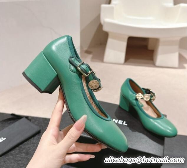 Charming Chanel Lambskin Mary Janes Pumps 5cm with Charm Green 722027