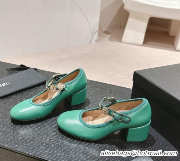 Charming Chanel Lambskin Mary Janes Pumps 5cm with Charm Green 722027