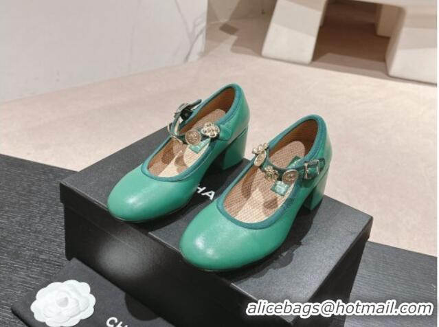 Charming Chanel Lambskin Mary Janes Pumps 5cm with Charm Green 722027