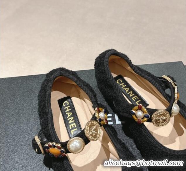 1:1 aaaaa Chanel Tweed Ballet Flat with Charm Black 722028