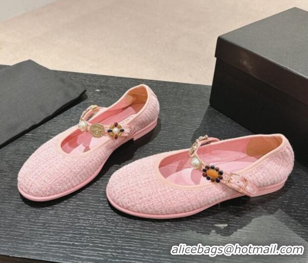 Good Looking Chanel Tweed Ballet Flat with Charm Light Pink 722029